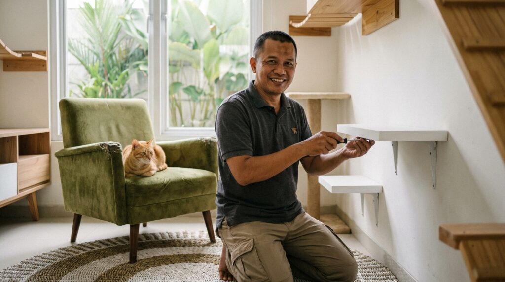 Panduan rotasi furnitur dan catification untuk mengatasi perilaku kucing spraying di dalam rumah berdasarkan pengalaman praktisi perilaku kucing.