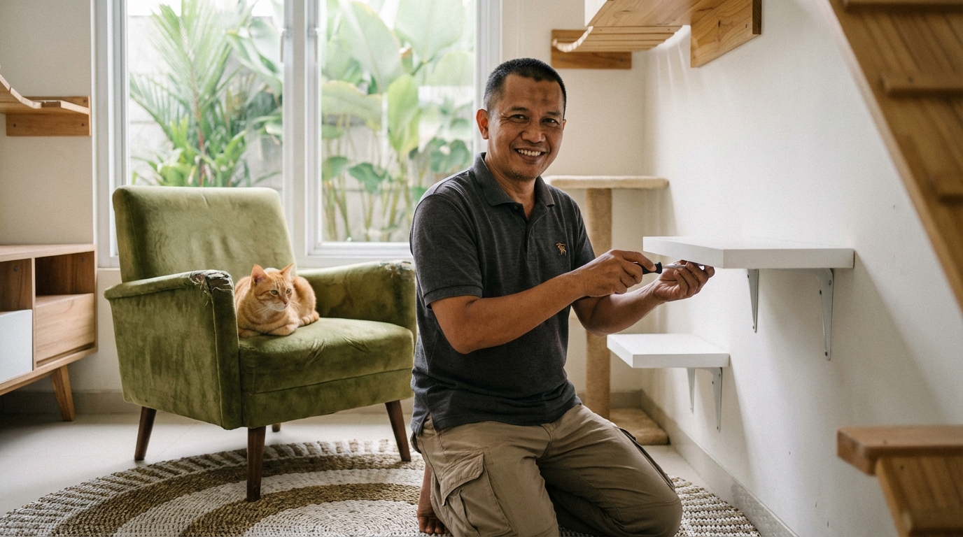 Panduan rotasi furnitur dan catification untuk mengatasi perilaku kucing spraying di dalam rumah berdasarkan pengalaman praktisi perilaku kucing.