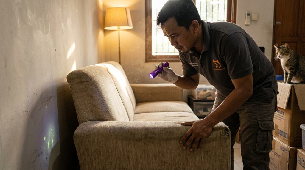 Panduan rotasi furnitur dan catification untuk mengatasi perilaku kucing spraying di dalam rumah berdasarkan pengalaman praktisi perilaku kucing.