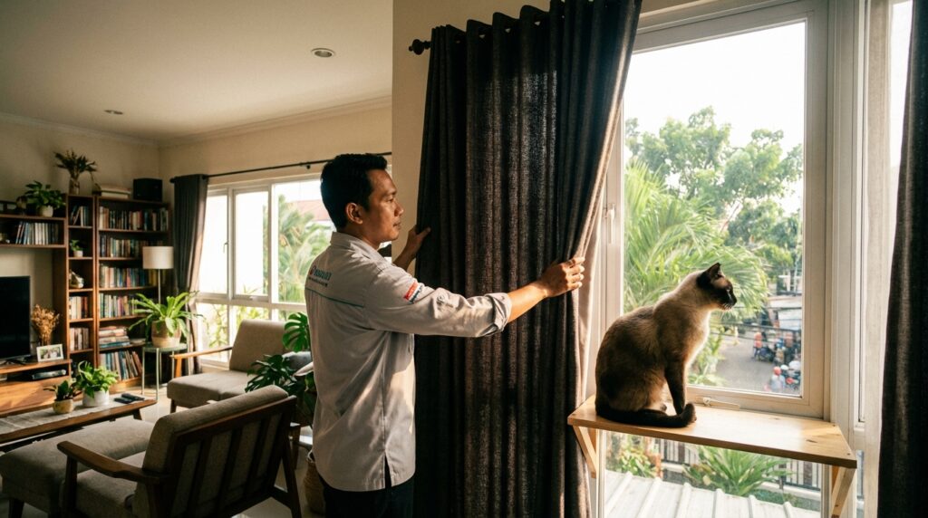 Panduan rotasi furnitur dan catification untuk mengatasi perilaku kucing spraying di dalam rumah berdasarkan pengalaman praktisi perilaku kucing.