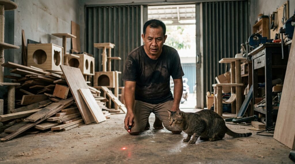 Seekor kucing indoor terlihat stres mengejar titik merah laser di dinding apartemen, mengilustrasikan bahaya laser pointer bagi psikologi kucing.