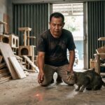 Seekor kucing indoor terlihat stres mengejar titik merah laser di dinding apartemen, mengilustrasikan bahaya laser pointer bagi psikologi kucing.