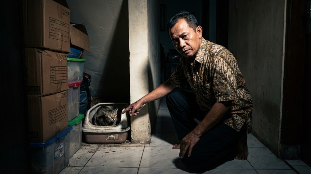 Ilustrasi penempatan kotak pasir kucing yang salah di sudut sempit yang memicu stres pada kucing indoor.