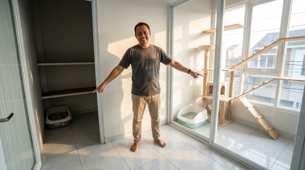 Ilustrasi penempatan kotak pasir kucing yang salah di sudut sempit yang memicu stres pada kucing indoor.