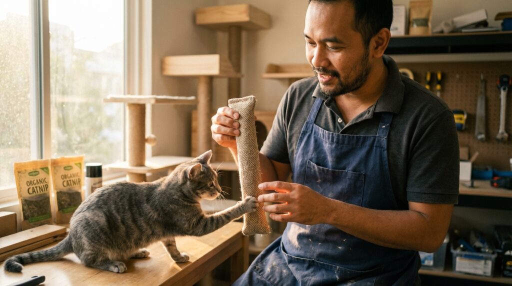 Langkah demi langkah menjahit kicker toy catnip dari kain kanvas untuk stimulasi perilaku bunny kick kucing indoor.