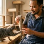 Langkah demi langkah menjahit kicker toy catnip dari kain kanvas untuk stimulasi perilaku bunny kick kucing indoor.
