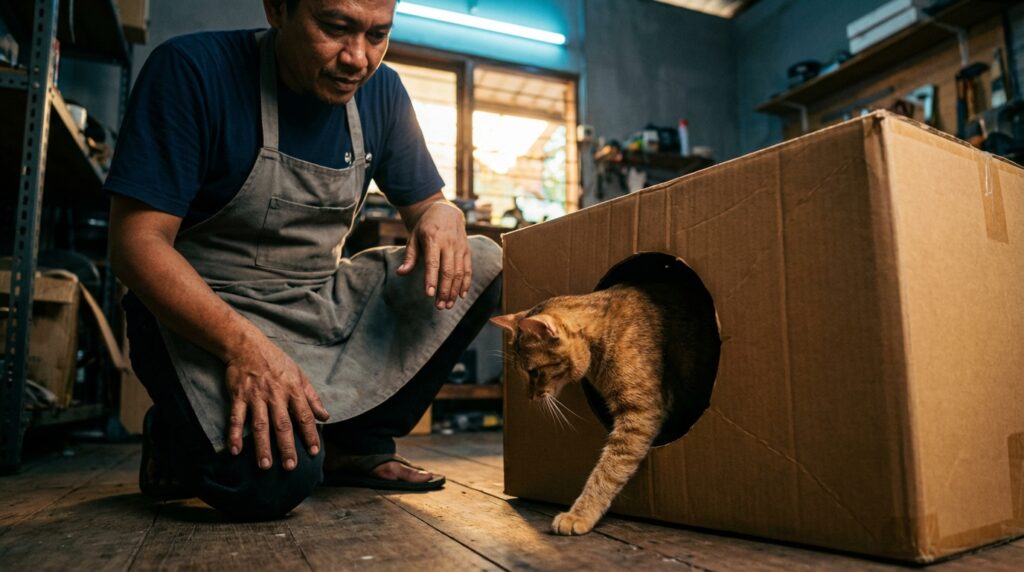 Tutorial langkah demi langkah membuat puzzle feeder kucing dari kardus sepatu bekas untuk enrichment kucing indoor.