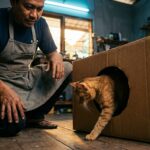 Tutorial langkah demi langkah membuat puzzle feeder kucing dari kardus sepatu bekas untuk enrichment kucing indoor.