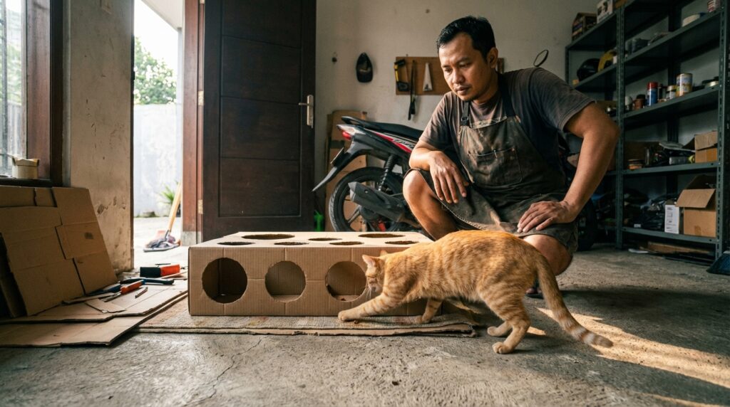 Tutorial langkah demi langkah membuat puzzle feeder kucing dari kardus sepatu bekas untuk enrichment kucing indoor.