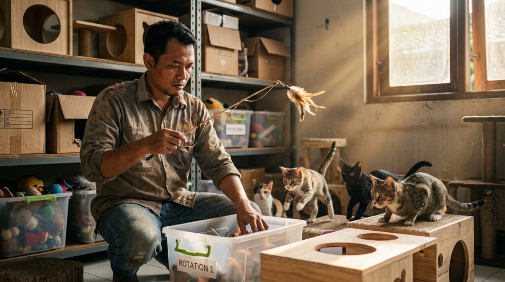 Infografis jadwal rotasi mainan kucing untuk meningkatkan insting berburu kucing indoor.