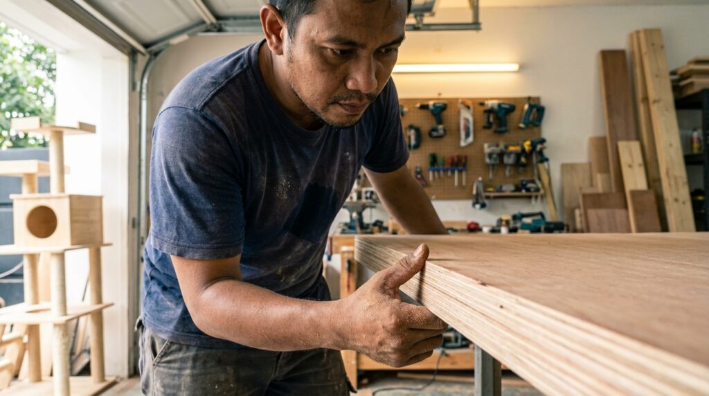 Dimas Aryoseto sedang mengukur ketebalan plywood 18mm untuk base cat tree di bengkel catification.