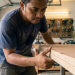 Dimas Aryoseto sedang mengukur ketebalan plywood 18mm untuk base cat tree di bengkel catification.