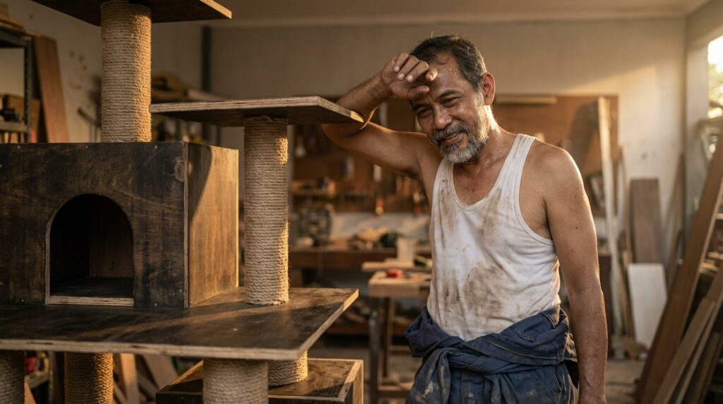 Dimas Aryoseto sedang mengukur ketebalan plywood 18mm untuk base cat tree di bengkel catification.
