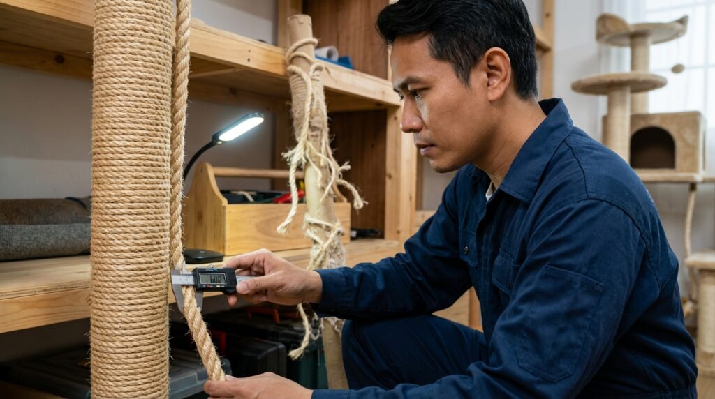 Perbandingan material tali garukan kucing sisal dan tali rami untuk scratching post indoor.