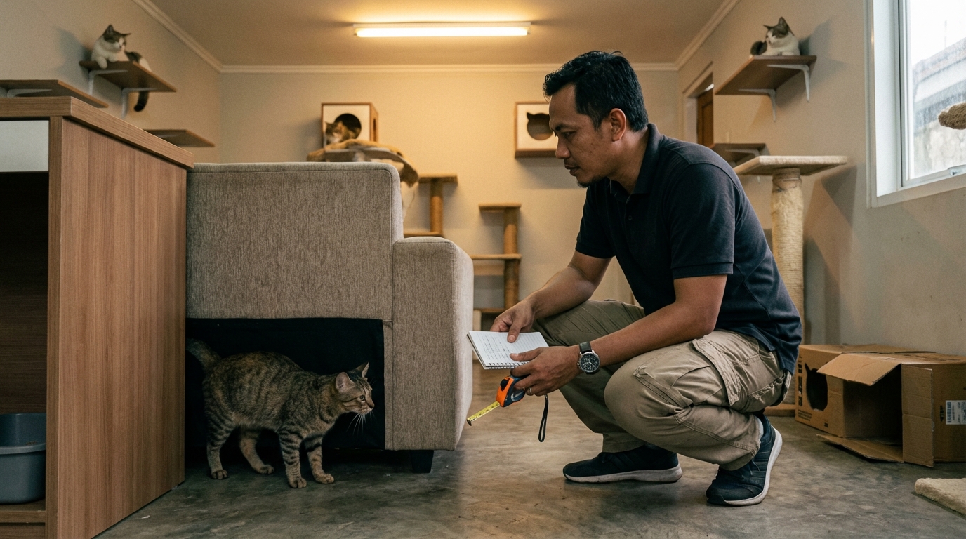Contoh blind spot aman untuk kucing submisif dengan dua jalur keluar dan penghalang visual