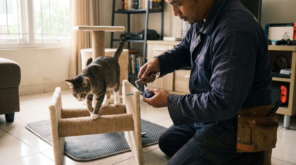 Cara mengatasi kucing takut cat tree dengan stabilisasi, anti slip, dan latihan bertahap