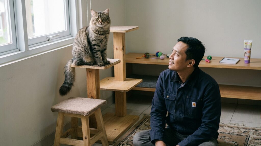 Cara mengatasi kucing takut cat tree dengan stabilisasi, anti slip, dan latihan bertahap