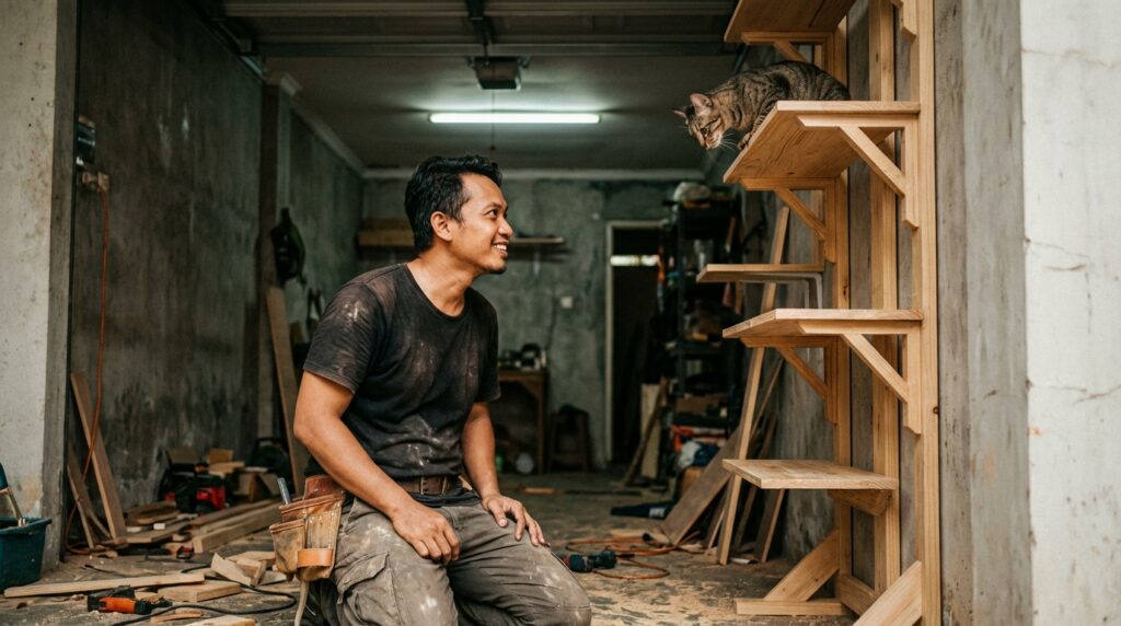 Panduan praktis instalasi catification untuk kucing indoor menggunakan ambalan kayu vertikal di dinding apartemen.