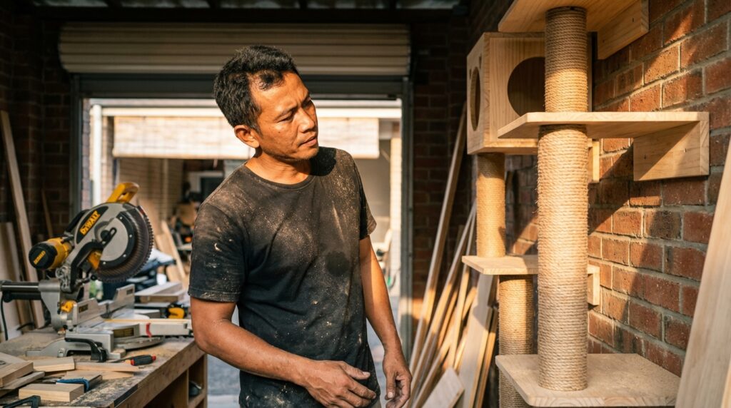 Panduan lengkap desain sistem enrichment kucing indoor dan instalasi cat wall untuk mencegah stres pada kucing apartemen.