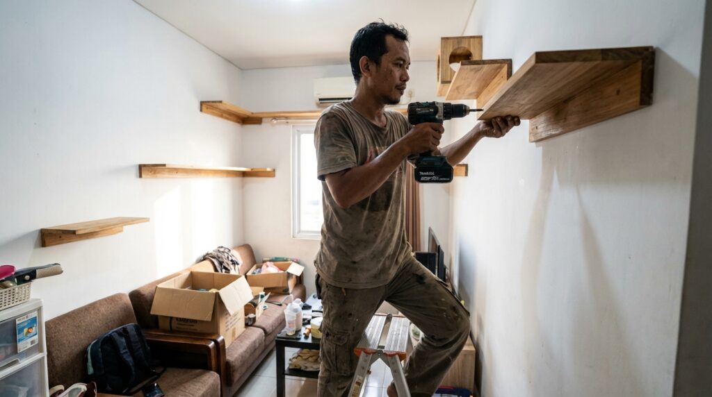 Panduan lengkap desain sistem enrichment kucing indoor dan instalasi cat wall untuk mencegah stres pada kucing apartemen.