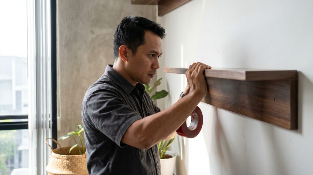 Panduan praktis memasang rak dinding kucing atau cat wall tanpa menggunakan bor untuk penghuni apartemen menggunakan metode tension pole dan perekat khusus.