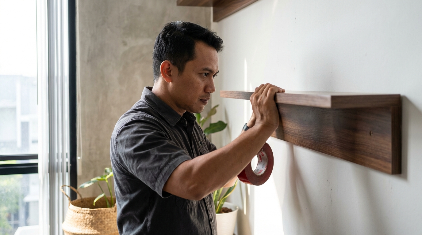 Panduan praktis memasang rak dinding kucing atau cat wall tanpa menggunakan bor untuk penghuni apartemen menggunakan metode tension pole dan perekat khusus.