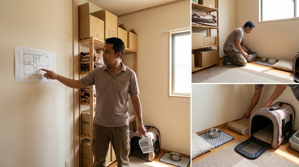 ata letak safe room untuk kucing baru adopsi: litter box terpisah, hiding spot, scratching post, dan jalur vertikal sederhana