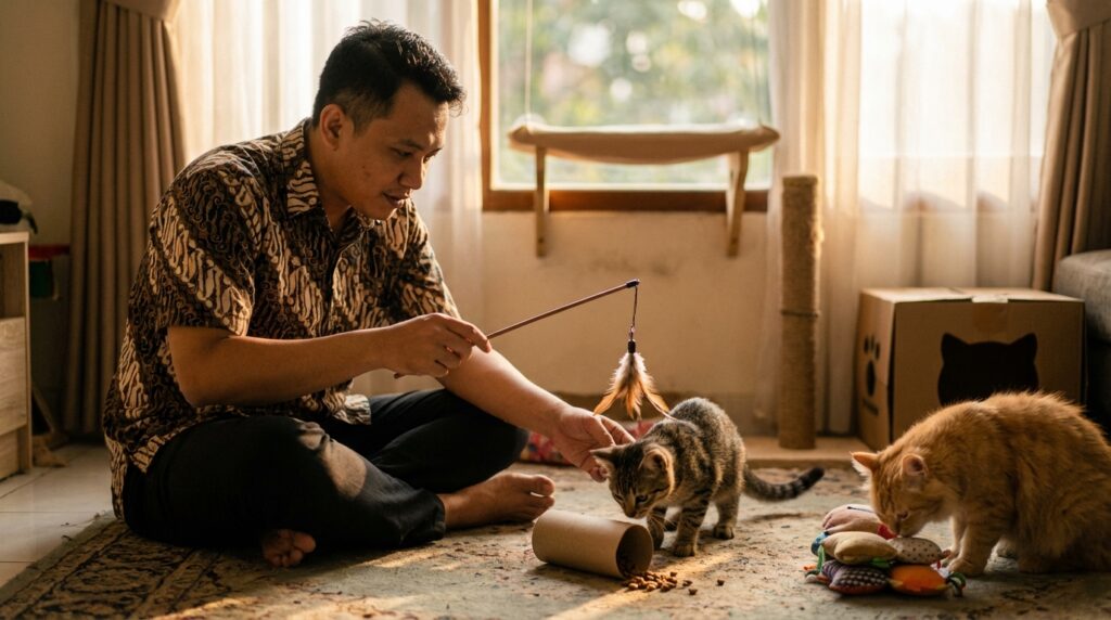 ata letak safe room untuk kucing baru adopsi: litter box terpisah, hiding spot, scratching post, dan jalur vertikal sederhana