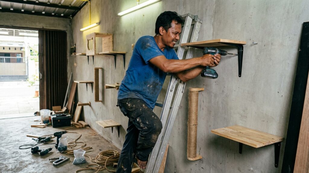 Panduan desain interior dan tata letak ruang teritori kucing indoor menggunakan konsep cat superhighway untuk mencegah perkelahian antar kucing.