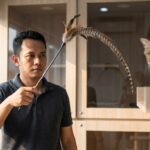 Dimas Aryoseto memperagakan teknik ayunan tongkat pancing kucing untuk meniru gerakan burung di jalur vertikal.