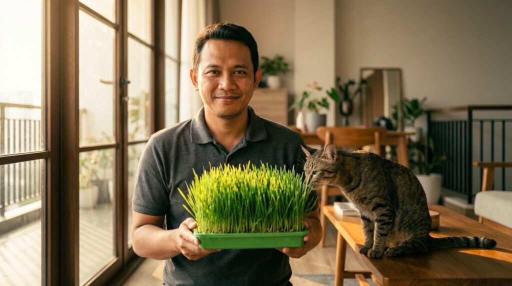 Panduan langkah demi langkah cara menanam catgrass indoor untuk enrichment kucing apartemen oleh Dimas Aryoseto.