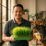 Panduan langkah demi langkah cara menanam catgrass indoor untuk enrichment kucing apartemen oleh Dimas Aryoseto.