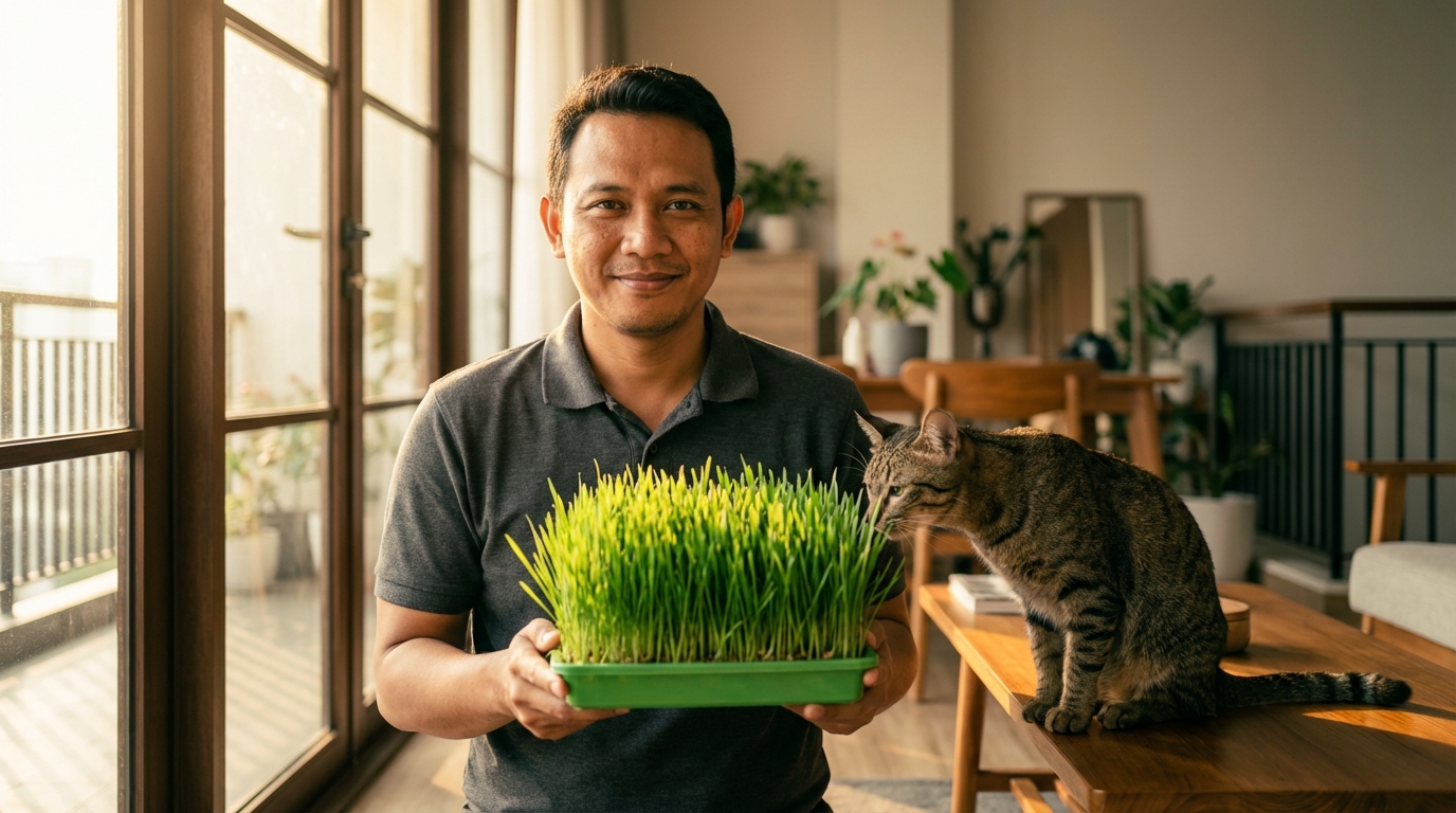 Panduan langkah demi langkah cara menanam catgrass indoor untuk enrichment kucing apartemen oleh Dimas Aryoseto.