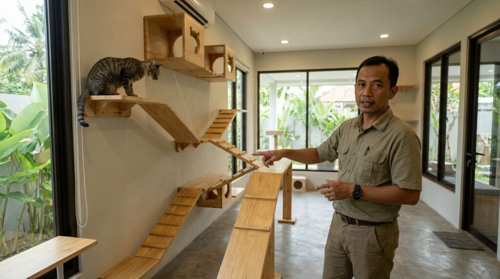 Panduan desain escape route kucing vertikal untuk mengurangi stres pada kucing indoor oleh praktisi perilaku kucing.
