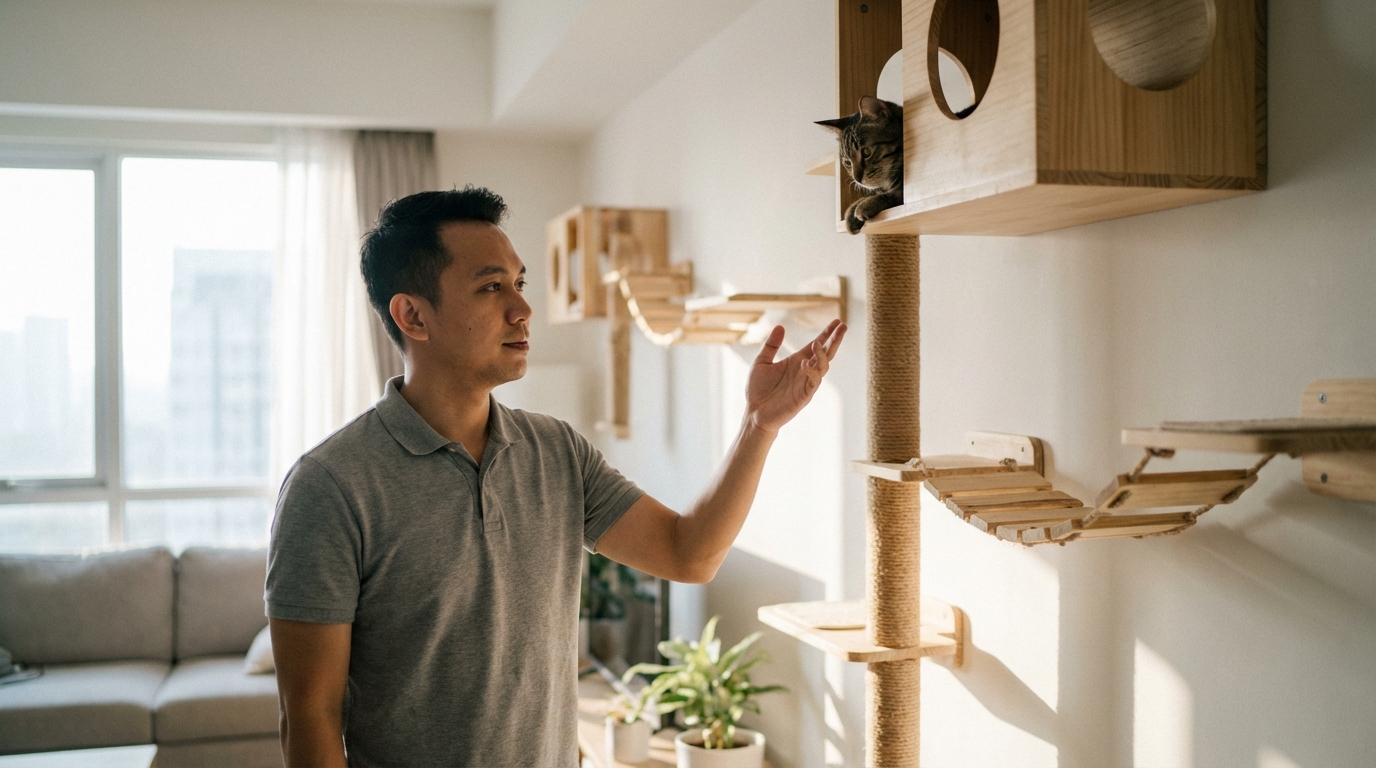 Panduan desain escape route kucing vertikal untuk mengurangi stres pada kucing indoor oleh praktisi perilaku kucing.
