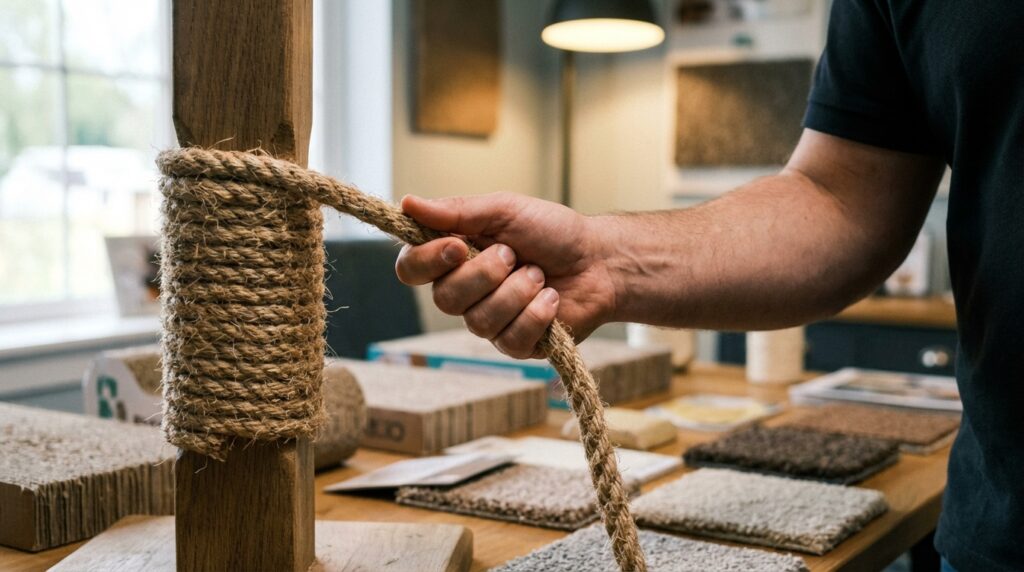 Seorang praktisi perilaku kucing sedang menandai titik transisi ruangan untuk penempatan tiang garukan kayu sisal guna melindungi furniture.
