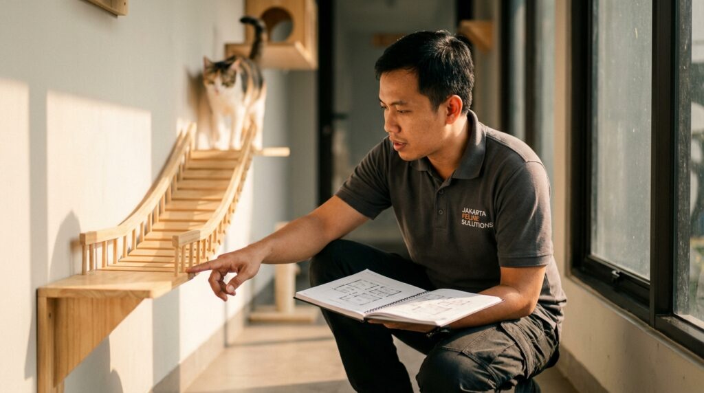 Seorang praktisi perilaku kucing sedang menandai titik transisi ruangan untuk penempatan tiang garukan kayu sisal guna melindungi furniture.