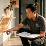 Seorang praktisi perilaku kucing sedang menandai titik transisi ruangan untuk penempatan tiang garukan kayu sisal guna melindungi furniture.