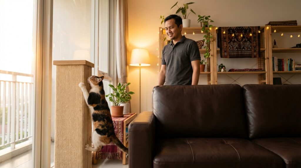 Seorang praktisi perilaku kucing sedang menandai titik transisi ruangan untuk penempatan tiang garukan kayu sisal guna melindungi furniture.