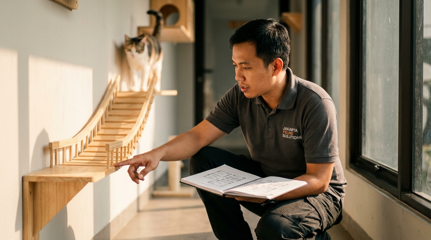 Seorang praktisi perilaku kucing sedang menandai titik transisi ruangan untuk penempatan tiang garukan kayu sisal guna melindungi furniture.