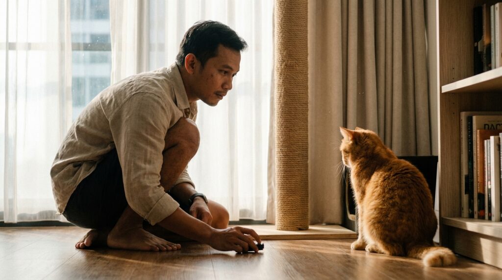 Seorang praktisi perilaku kucing sedang melatih kucing indoor menggunakan alat clicker dan target stick dengan imbalan makanan.