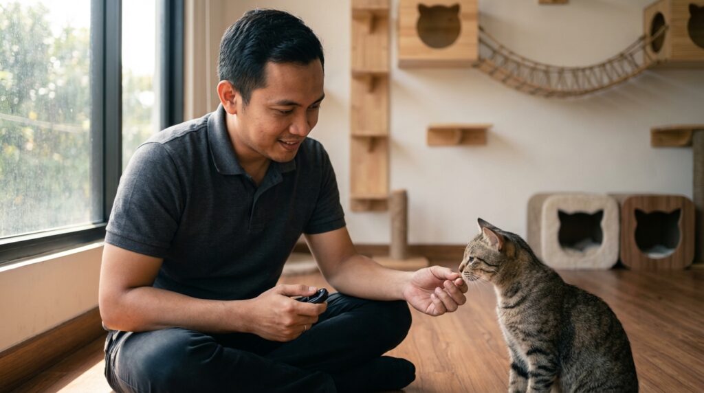 Seorang praktisi perilaku kucing sedang melatih kucing indoor menggunakan alat clicker dan target stick dengan imbalan makanan.