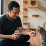 Seorang praktisi perilaku kucing sedang melatih kucing indoor menggunakan alat clicker dan target stick dengan imbalan makanan.