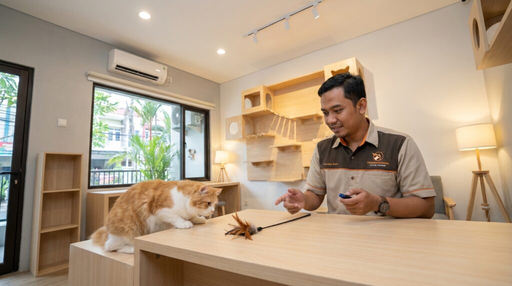 Seorang praktisi perilaku kucing sedang melatih kucing indoor menggunakan alat clicker dan target stick dengan imbalan makanan.