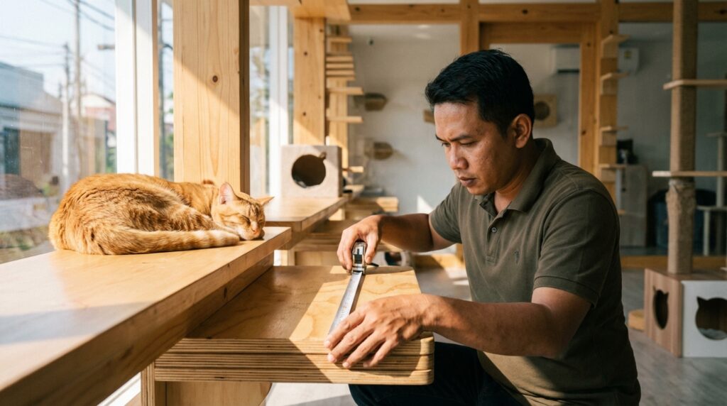 Panduan teknis ukuran lebar ambalan rak kucing ideal untuk tempat tidur nyaman berdasarkan berat badan dan jenis ras kucing indoor.