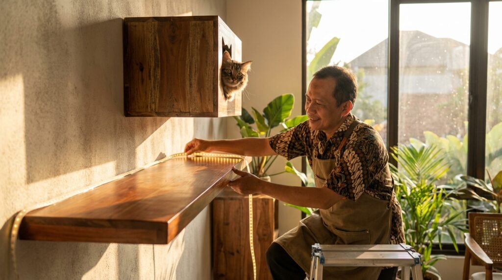 Panduan teknis ukuran lebar ambalan rak kucing ideal untuk tempat tidur nyaman berdasarkan berat badan dan jenis ras kucing indoor.